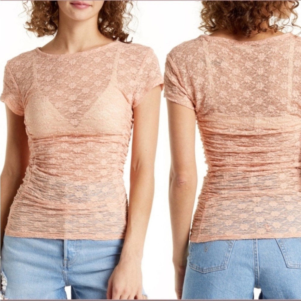 Free People Coral Lace Short Sleeve Tee